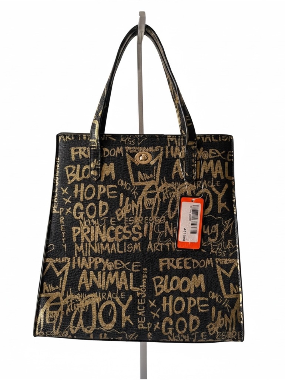 Black and Gold Graffiti Vegan Leather Tote with Twist Lock Closure-NWT!! 🖤💛